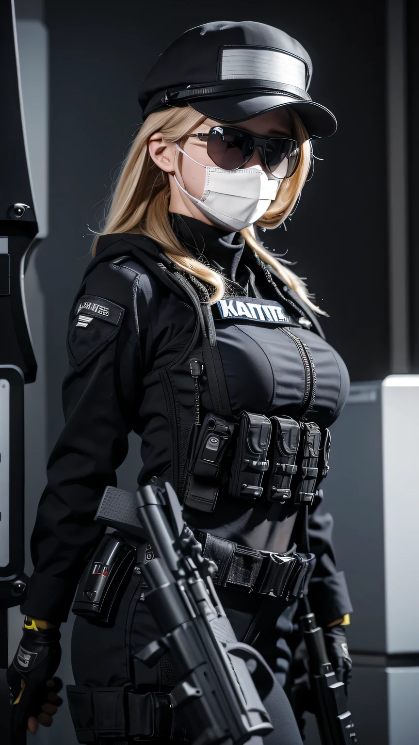 blonde hair, beautiful woman, pro lighting, photorealistic, Realistic face details, complicated details, 8k, ultra high details, dynamic camera angle, hips up, sunglasses, swat gear, pistol, rifle, walking, face mask, black cap, 