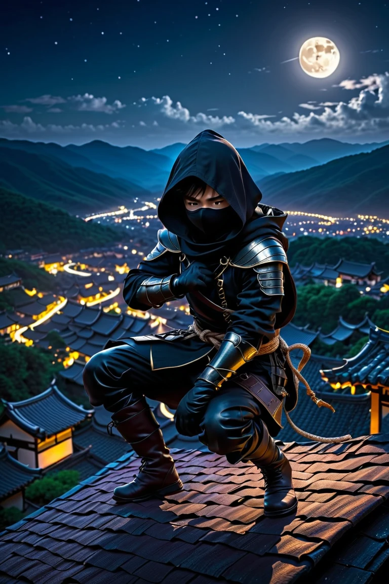 1 boy, A ninja in leather armor , Wearing a hood.Masked,Leather gloves.Boots. Middle Ages in the dark night,Hand Rope ,Middle Ages in the dark night村莊夜色(landscape、On the roof:1.3),squatting on the roof,bend over, ,  crouching on one knee , , shadow, .Full body picture, , , ,  Cool Poses , .Full body picture,