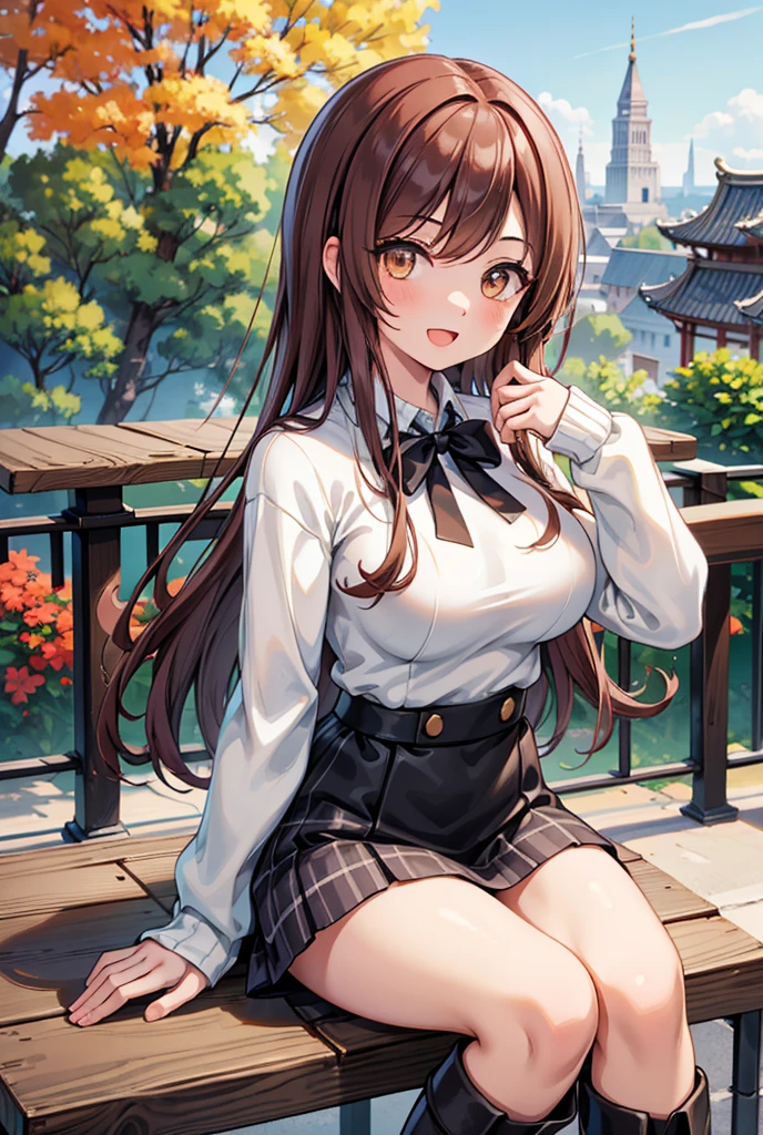  1 girl, solo,  high resolution on down, Long Hair, (( big breasts at the temple)), smile,  girl, Dark brown hair,  Brown Eyes ,  high resolution on down, masterpiece, accurate,  anatomically correct,  won numerous awards, 最 high quality,  details, 高い details,  high definition model ,  high quality,  RETINA,  very detailed,  Textured Skin,  Ultra High Definition, ( white knit sweater ),  heart balloon, Highlight the whole body, Stylish cafe,  beautiful eyes,  black mini skirt, Open your mouth, garden,  black long boots , Countryside Background, autumn,  sits on a chair,  plaid mini skirt,  cafe terrace , holding a coffee cup, , , ,