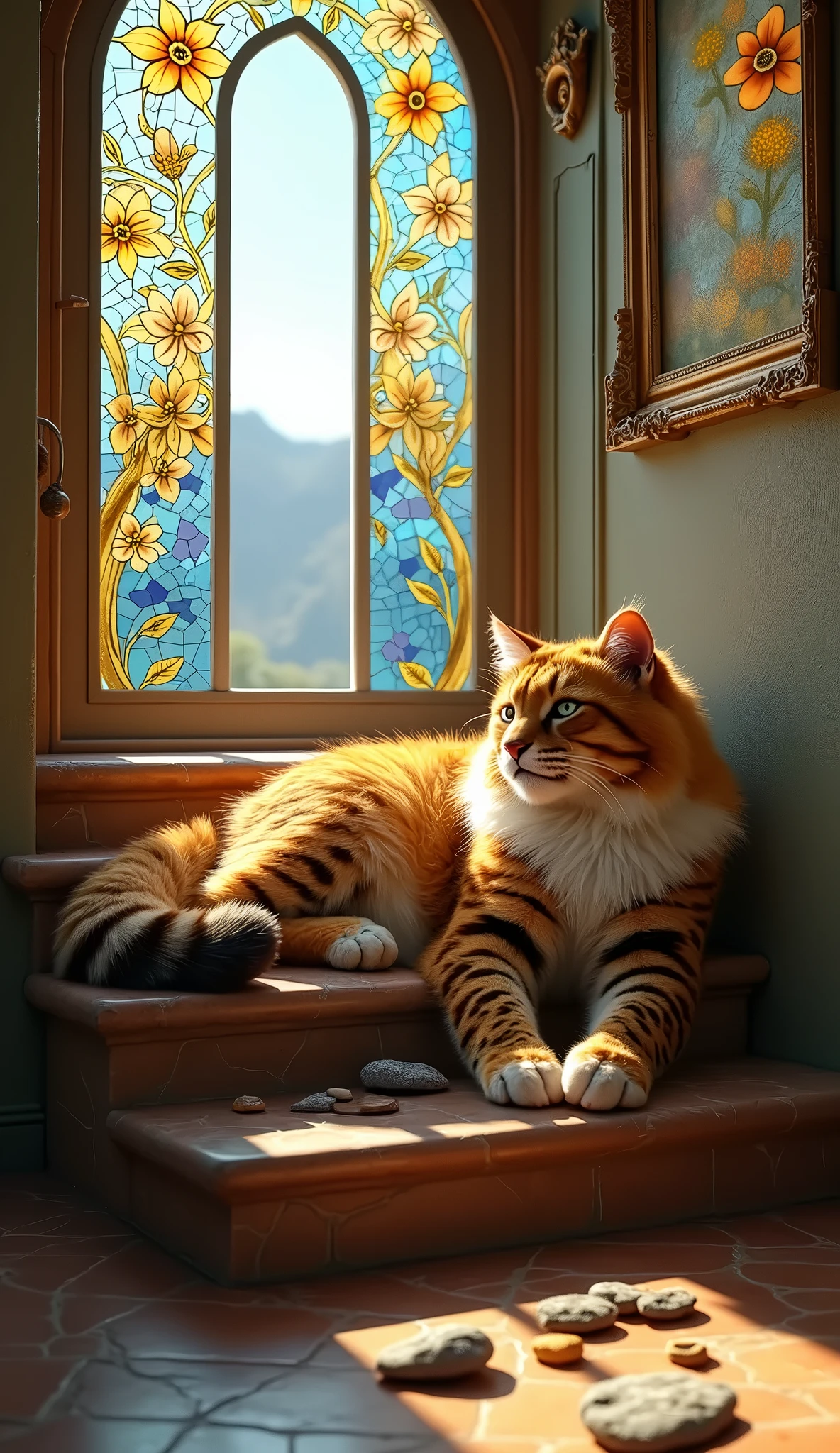 (photorealism:1.2), flurry Big cat with leopard hairs, long curly hair, staircase, soft lighting, mountain in the background, mosaic glass window hugh lady mariyam print on mosaic glass window with sunlight, cozy space in staircase, relaxed pose, realistic, intricate details, warm colors, by Greg Rutkowski, by Alphonse Mucha, the cat is playing with sea stones near her