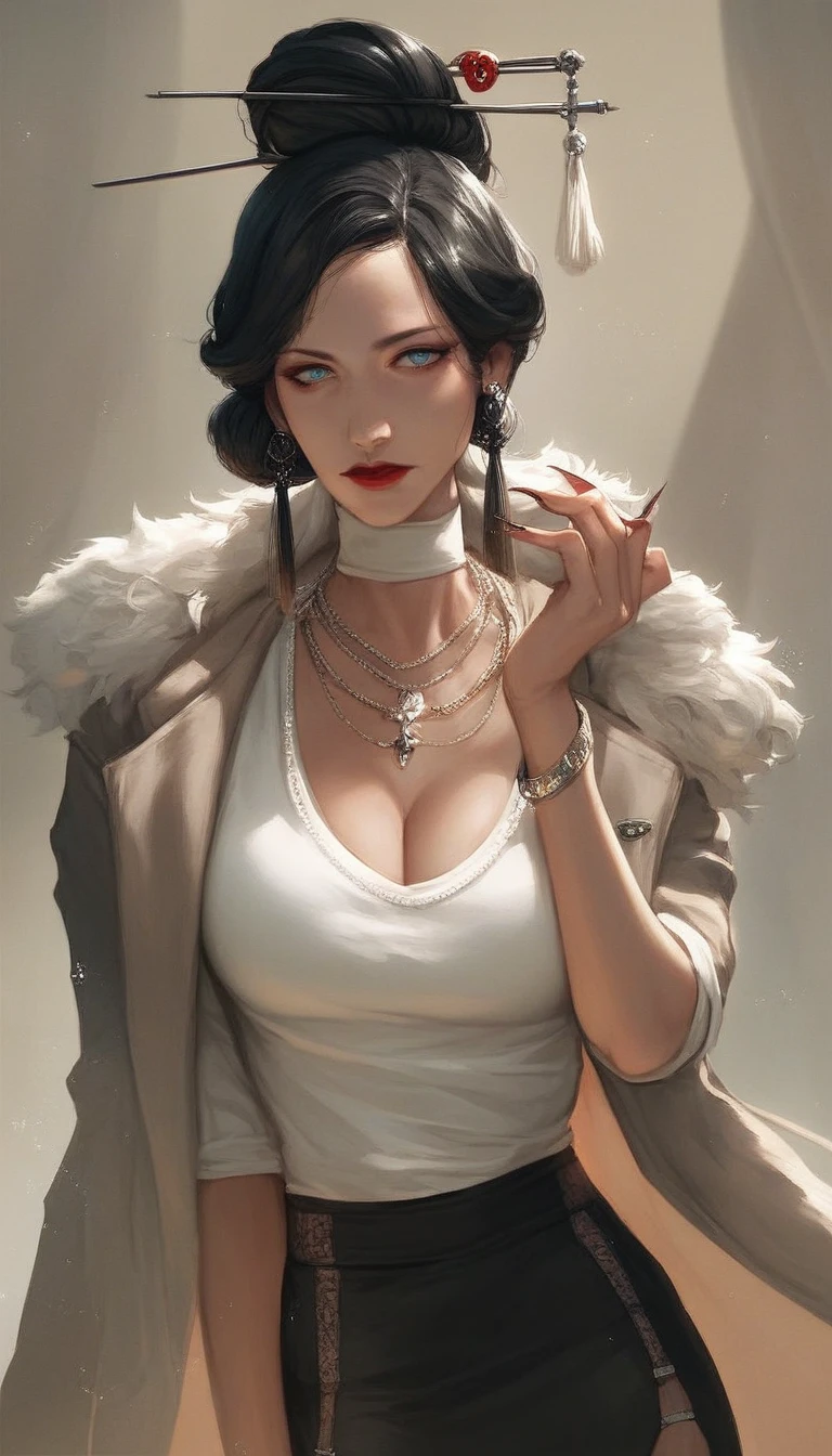 beautiful milf woman dancing in club, long wavy black hair,  long tassel earrings,  bracelet, necklace ,cleavage, perfect body , wrist watch, detailed image, bracelet, blue eyes,red lipstick , bracelet , detailed face, upper body,white collar shirt,black coat,black pencil skirt,hair bun,kanzashi hair pin, jawline, garter belt 