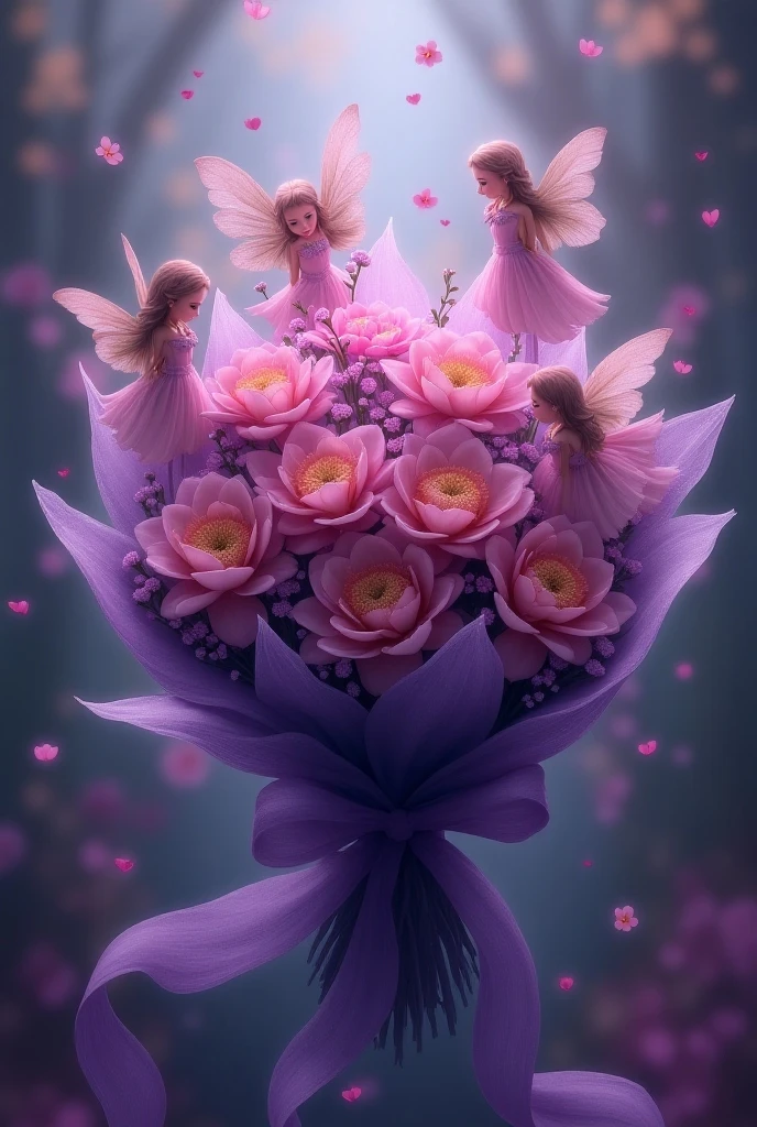 beautiful, masterpiece, best quality, ((beautiful eyes), (Delicate face)), magical flowers, a bouquet wrapped in beautiful purple flowers, very magical, with pink yellow and red fairy girls flying around them, beautiful fairies, 8K, high quality detail, purple theme