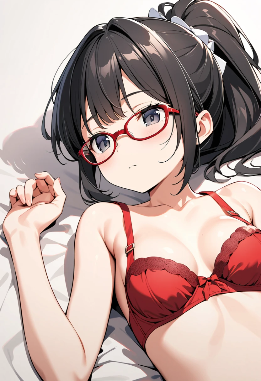 4K Works,Best Quality,Only red cheeky panties and red plunge bra when naked,Age 15,White background only , BLACK HAIR PONYTAIL ,Black Eyes、 cleavage when lying down、No background、Glasses