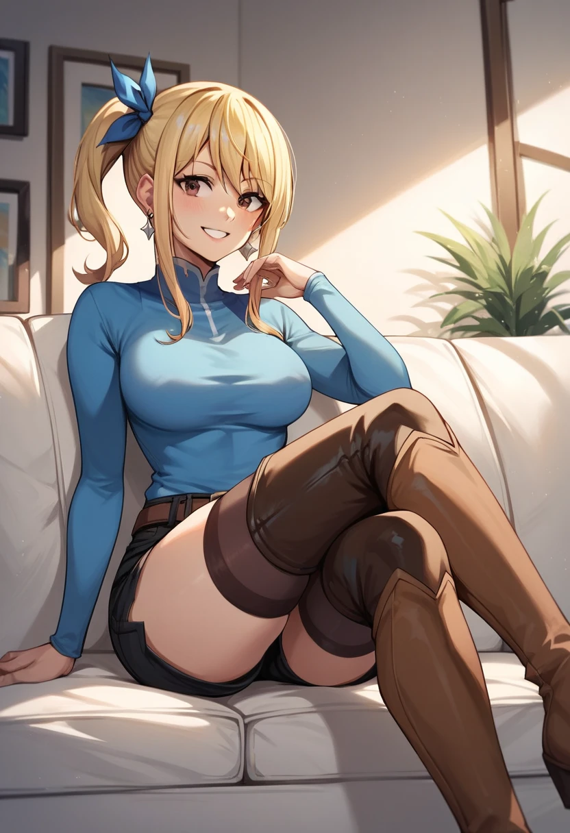 score_9, score_8_up, score_7_up, score_6_up, score_5_up, score_4_up, source_anime, 1girl, lucy heartfilia, smile, blonde hair, long hair, side ponytail, blue ribbon, brown eyes, middle breasts, earrings, thigh high boots, brown boots, blue shirt, black shorts, crossed legs, sit, sofa, room, best quality, best resolution, 4K UHD,
 