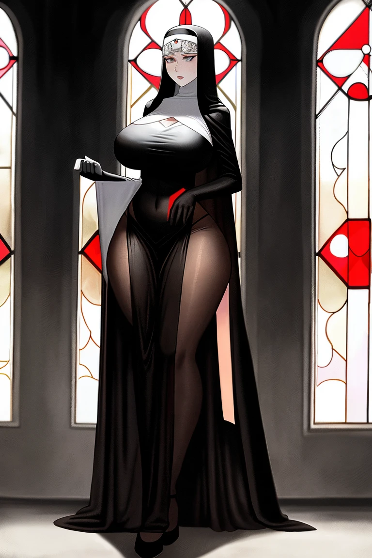 (masterpiece, top quality, best quality, official art, beautiful and aesthetic:1.2), (1girl:1.3), light freckles, fair skin, extremely detailed, portrait, looking at viewer, solo, (full body:0.6), detailed background, close up, (dark gothic theme:1.1), nun with guns, charlatan, smirk, mysterious, swaggering through cathedral, modest attire, black habit, cowl, nun hood, wimple, thigh-high boots, bodysuit, leotard, loose sleeves, cloak, corset, leather straps, ammunition pouches, long boots, submachineguns, SMGs, MP5s, thigh pouches, holsters, garters, ((((narrow hips, slim sexy body, gigantic breasts)))), slim waist, slim hips, long legs, modern (cathedral exterior:1.1) background, dark mysterious lighting, shadows, magical atmosphere, dutch angle,