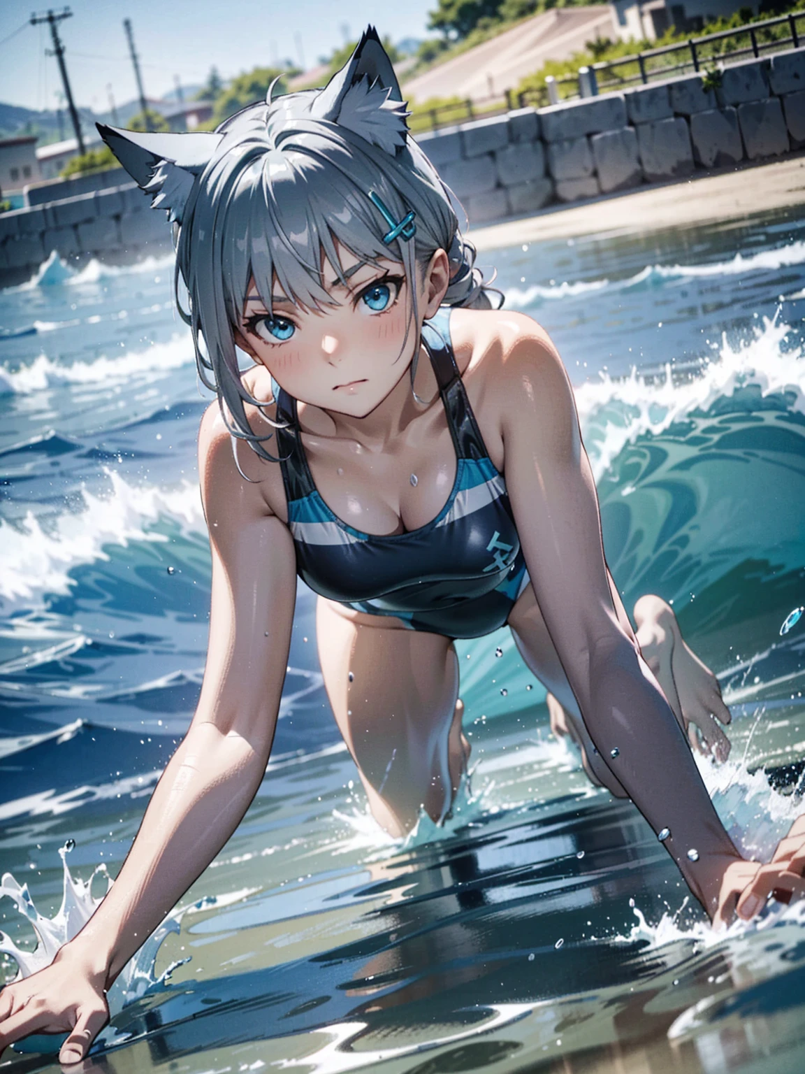  perfect anatomy,masterpiece, Hi-Res, Super detailed,Sand Wolf Shiroko,  animal ears ,  blue eyes, Grey Hair,  hair ornament, hairpin,  competitive swimsuit、, (all fours)