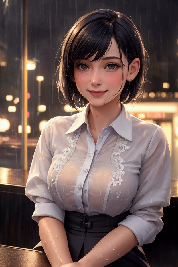 (8k, Best Quality, Masterpiece: 1.2), (Realistic, Photorealistic: 1.37), Super Detailed, 1 Girl, Cute, Alone, Beautiful Detailed Sky, Detailed Cafe, Night, Sitting, Date, ( Nose blush), (smile: 1.15), (close mouth) small breasts, beautiful details, (collared shirt: 1.1), night, wet, business wear, rain, white lace, (short hair: 1.2), floating Hair NovaFrogStyle,