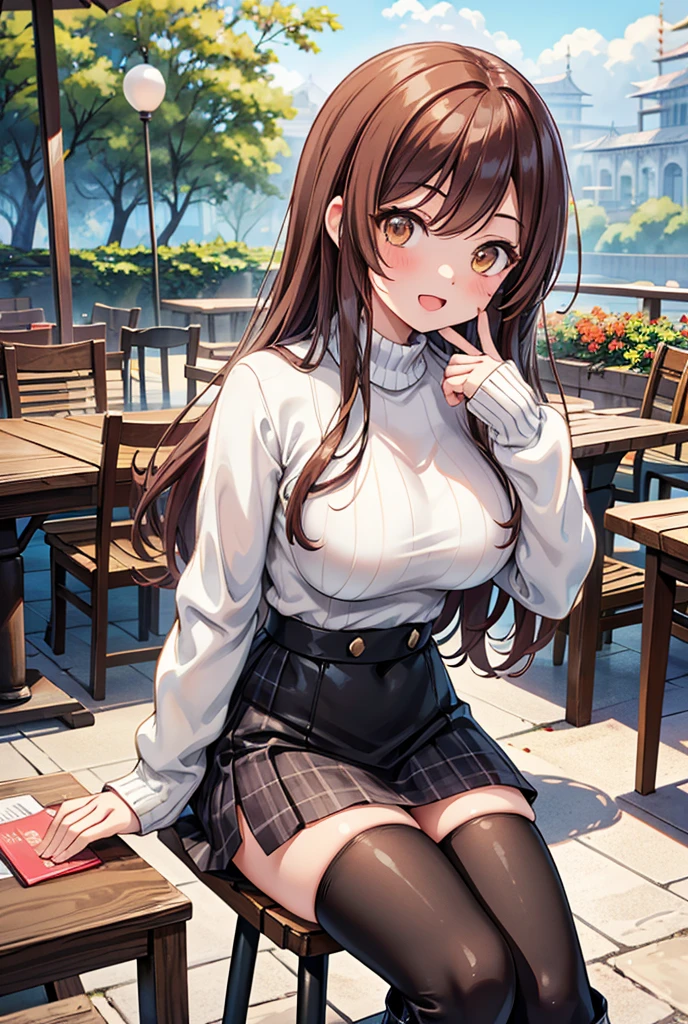  1 girl, solo,  Hi-Res, Long Hair, (( big breasts at the temple)), smile, Teenage girl, Dark brown hair,  Brown Eyes ,  Hi-Res, masterpiece, accurate,  anatomically correct ,  that won numerous awards , 最 high quality,  details, 高い details,  high definition model,  high quality,  RETINA,  very detailed,  textured skin,  Ultra High Definition, ( white knit sweater ),  heart balloon, Highlight the whole body, Stylish cafe,  beautiful eyes,  black miniskirt, Open your mouth, garden,  black long boots , Countryside Background, autumn,  sit on a chair,  plaid mini skirt with index fingers on both hands and cheeks,  cafe terrace , Put your index fingers on your cheeks, , ,