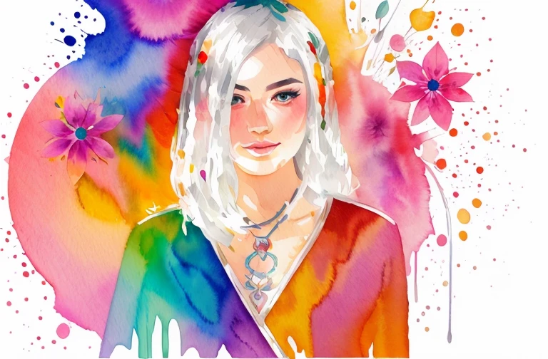 Portrait of a woman with long, silver hair embellished with a vibrant crown of flowers, expressing a serene and enchanting aura, digital illustration in a watercolor style, featuring rich colors and dripping paint effects against a light background.