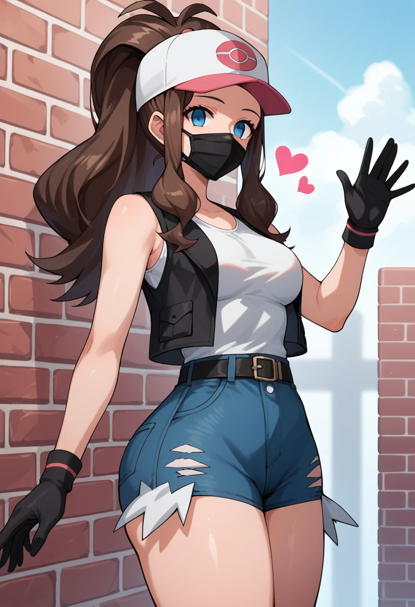 score_9, score_8_up, score_7_up, score_6_up, source_anime, 1girl, solo, ((pmpgrunt)),pokemonhilda, blue eyes, brown hair, long hair, ponytail, black beret, black mouth mask, black vest, grey bodysuit, black belt, black gloves, medium breasts, looking at viewer, (waving hand), ((empty eyes)), mind control, happy trance, heart, hearts,huge ass, legs,cowboy shot,brick wall