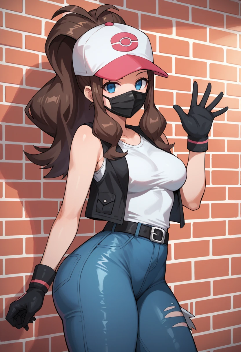 score_9, score_8_up, score_7_up, score_6_up, source_anime, 1girl, solo, ((pmpgrunt)),pokemonhilda, blue eyes, brown hair, long hair, ponytail, black beret, black mouth mask, black vest, grey bodysuit, black belt, black gloves, medium breasts, looking at viewer, (waving hand), ((empty eyes)), mind control, happy trance, heart, hearts,huge ass, legs,cowboy shot,brick wall