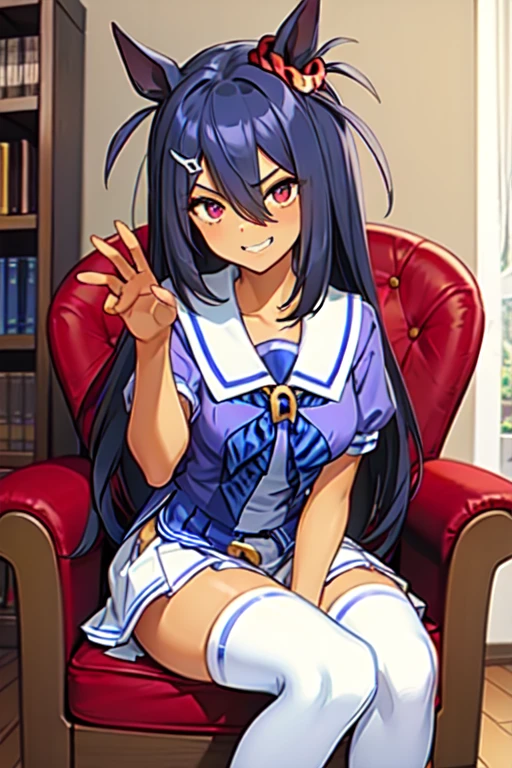 Hishi Amazon、One person、 girl、best quality,  smug,grin,tracen school uniform, sailor collar, bowtie, purple shirt, sailor shirt, short sleeves, white skirt, white thighhighs,white kneehighs,Narrowed sleeves, long chair,sitting,blue line on the edge of the white skirt,
