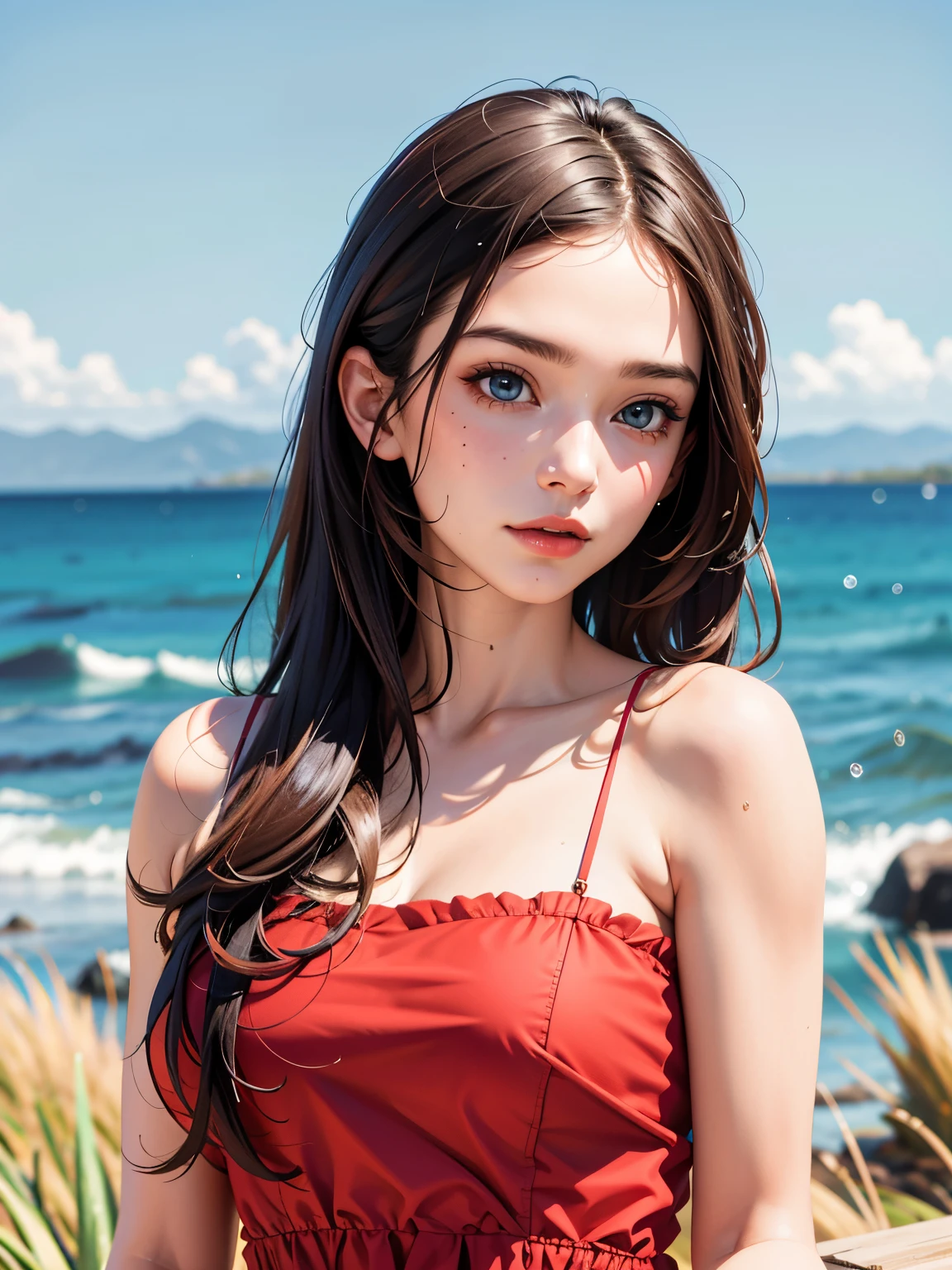 beautiful teenager, 17 years, Brown hair, beautiful blue eyes, sensual red lips, With , Short skirt, sitting with visible underwear. clear skin