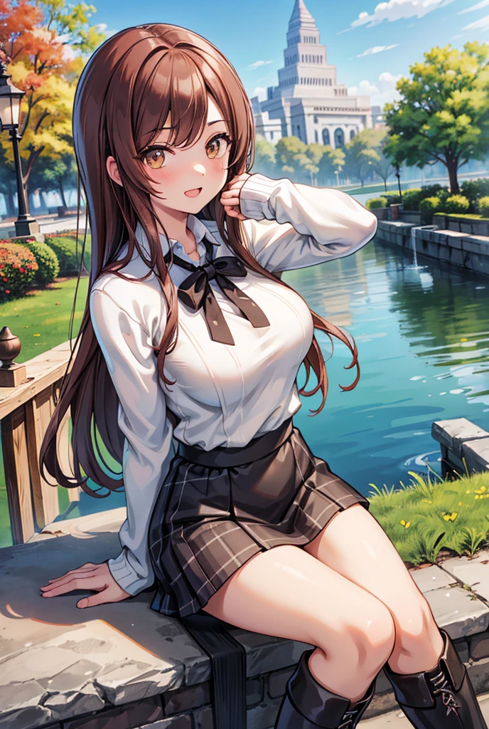  1 girl, solo,  Hi-Res, Long Hair, (( big breasts at the temple)), smile,  girl, Dark brown hair,  Brown Eyes ,  Hi-Res, masterpiece, accurate,  anatomically correct,  that won numerous awards , 最 high quality,  details, 高い details,  high definition model,  high quality,  RETINA,  very detailed,  textured skin,  Ultra High Definition, ( white knit sweater ),  heart balloon, Highlight the whole body, Stylish cafe,  beautiful eyes,  black miniskirt, Open your mouth, garden,  black long boots , Countryside Background, autumn,  sit on a chair,  plaid mini skirt with index fingers on both hands and cheeks,  cafe terrace , Put your index fingers on your cheeks, , ,