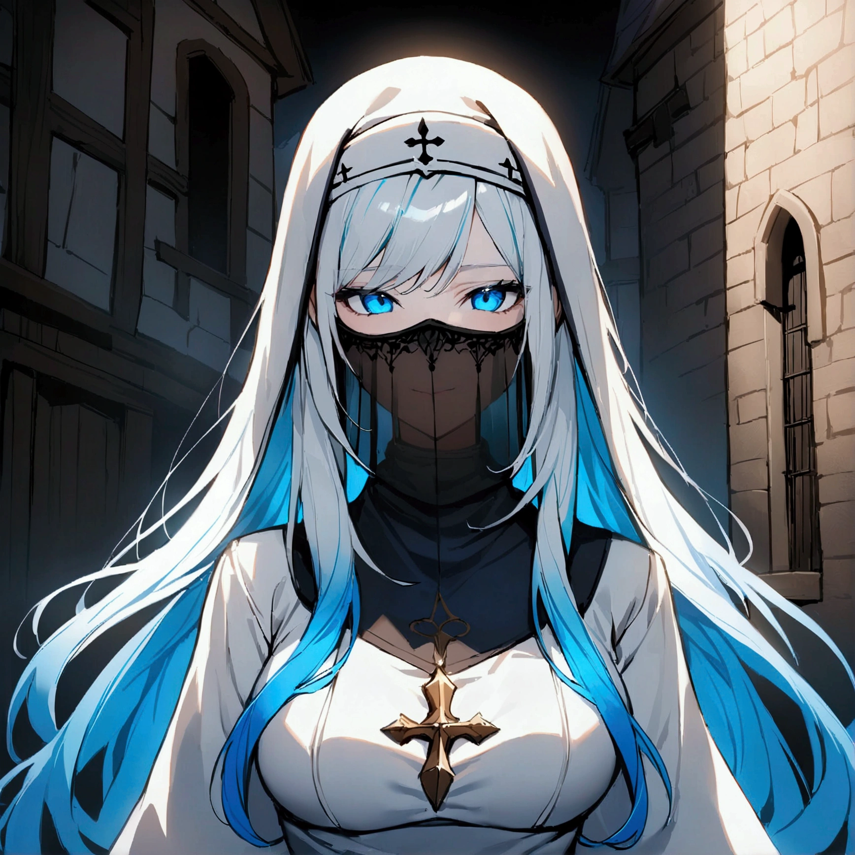Best_QualityPos, RAW photo, intricate details, best quality, 8k uhd, soft lighting, 1girl, solo, ffArrow, blue eyes, white headwear, red and white dress, black sleeves, large breasts, vambraces, glowing eyes <lora:ffarrow-nvwls-v1:0.9> <lora:backlight_slider_v10:-4>