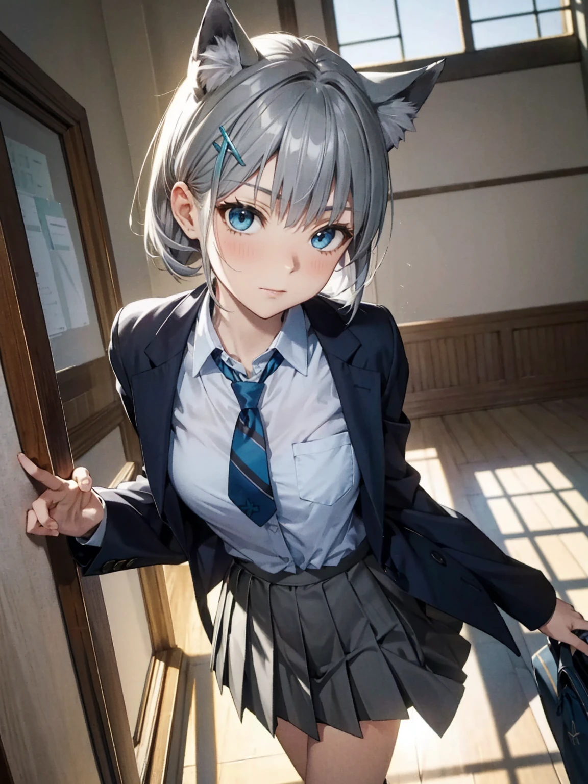  perfect anatomy,masterpiece, Hi-Res, Super detailed,Sand Wolf Shiroko,  animal ears ,  blue eyes, Grey Hair,  hair ornament, hairpin, blazers、 pleated skirt 、tie、School、indoor
