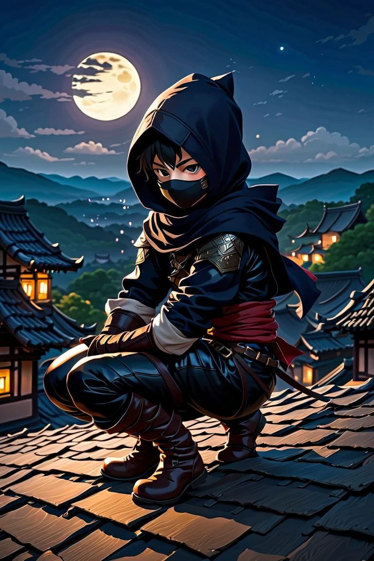 1 boy, A ninja in leather armor , Wearing a hood.scarf,Masked,Leather gloves.Boots. Middle Ages in the dark night,Hand Rope ,Middle Ages in the dark night村莊夜色(landscape、On the roof:1.3),squatting on the roof,bend over, ,  crouching on one knee , , shadow, .Full body picture, , , ,  Cool Poses , .Full body picture,