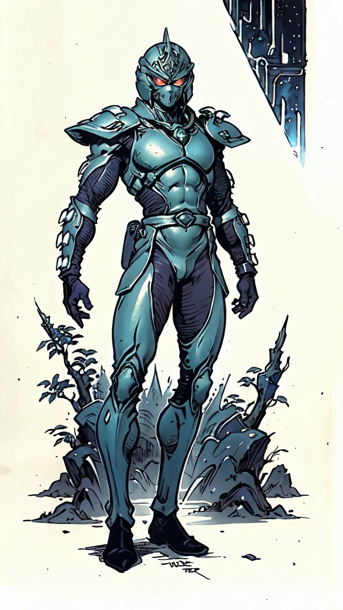 (masterpiece:1.5, best quality:1.5, extremely delicate:1.5), ((male:1.5)), a man wearing a full-face helmet, green eyes, fantasy-style high-tech biomimetic armored combat suit, (a composite layered chest armor), the design balances heavy with agility, fully enclosed shoulder guards, matching arm and leg guards, a belt of gemstone, (the color scheme is primarily White with Blue and Red accents, Organic Biotech, Concept Inspired by Ninja, glowing eyes, armor glows, stand of a futuristic sci-fi city), this character embodies a finely crafted fantasy-style armored hero in anime style, exquisite and mature art style, metallic, high definition, highres, ultra-detailed, ultra-fine painting, professional, perfect body proportions, golden ratio, anatomically correct, symmetrical face, extremely detailed eyes and face, high quality eyes, creativity, RAW photo, UHD, 32k, Natural light, cinematic lighting, masterpiece-anatomy-perfect