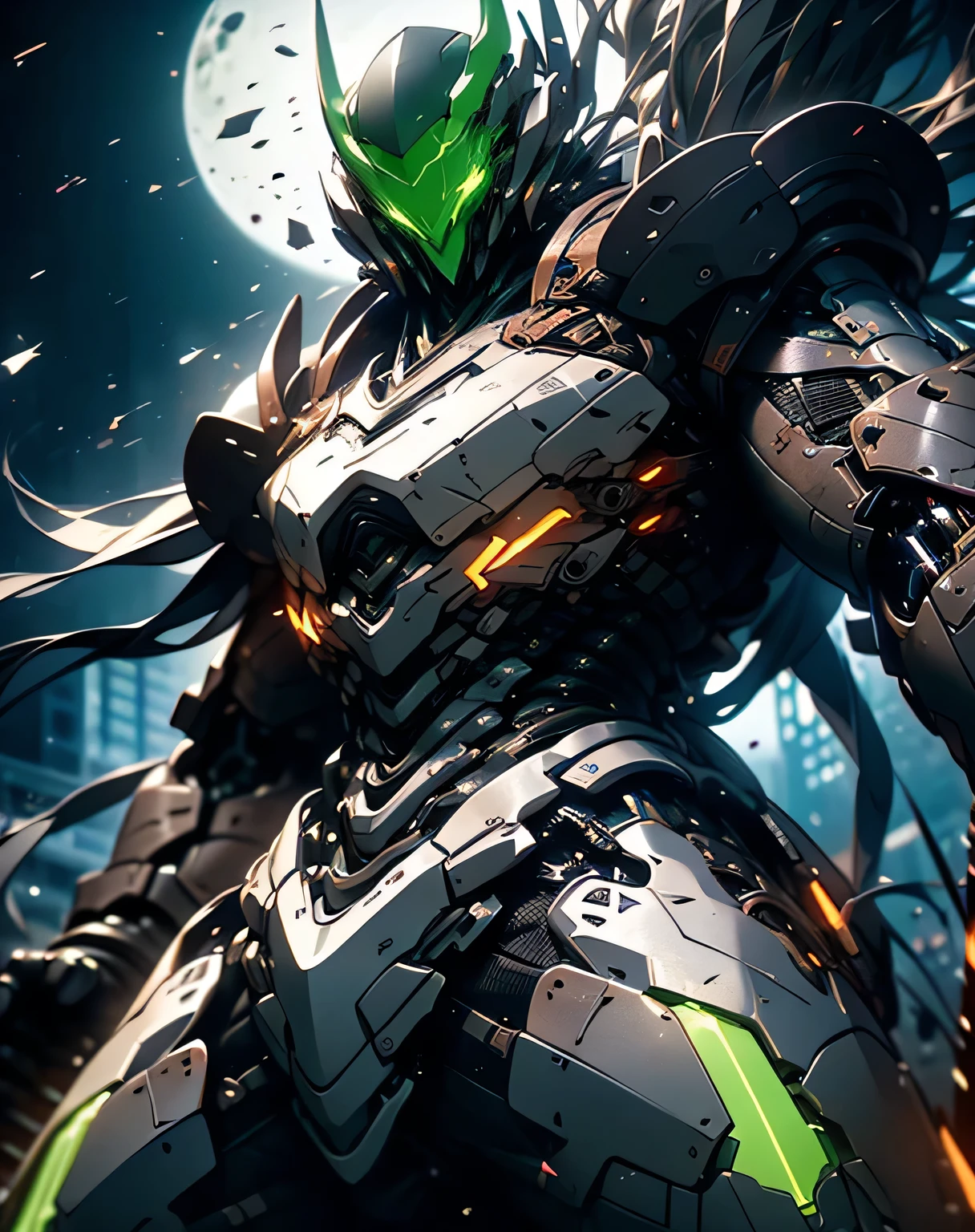 A man wearing black exo armor is acting violently in the wilderness,  rendered in Unreal Engine 5 , Black Octane Rendering, Super detailed with octane rendering ,  rendered with 8K Unreal Engine ,  rendered with Unreal Engine 6 ,  streamlined matte black armor ,  high detail iconic characters ,   8k octane rendering photorealistic ,  Unreal Engine 5 rendering ,  rendered with Unreal Engine 5 , metallic,  discharging into the air , It's discharging into the air, Blur effect , My eyes are glowing green, (from below: 2.0),  Slim Body , Big full moon, moonlight, EdobLandscapeAlpha