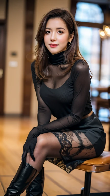 brown hair, low twin drills, cute face, she wears a turtleneck and a skirt., black pantyhose, sitting on a chair, crossed legs, Wearing black lace gloves, wearing boots, adult German woman, full body portrait, indoor, bokeh, film grain, UHD, masterpiece, anatomically correct, high details, high quality, highres