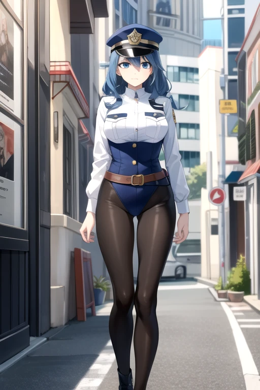 tall body, tall, long legs, mature female, mature, adult, EFT_Juvia, 1girl, solo, blue hair, long hair, hair between eyes, closed mouth, expressionless, looking at viewer, blue eyes, BCop, belt, policewoman, leotard, police hat, peaked cap