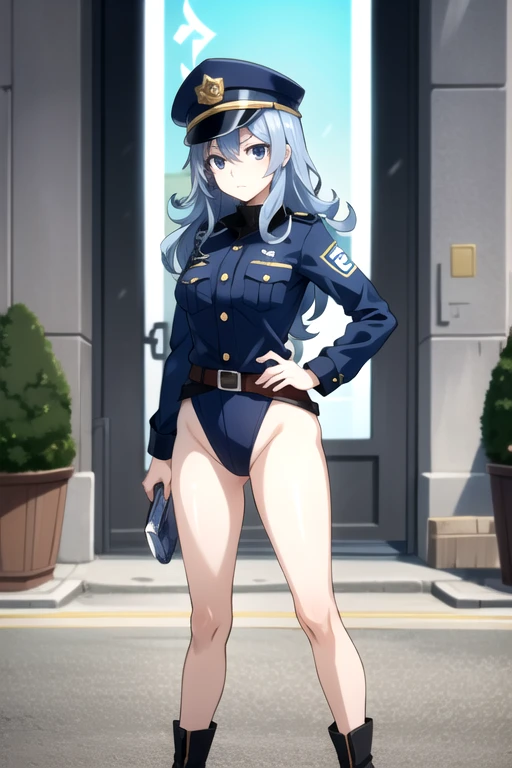 tall body, tall, long legs, mature female, mature, adult, EFT_Juvia, 1girl, solo, blue hair, long hair, hair between eyes, closed mouth, expressionless, looking at viewer, blue eyes, BCop, belt, policewoman, leotard, police hat, peaked cap