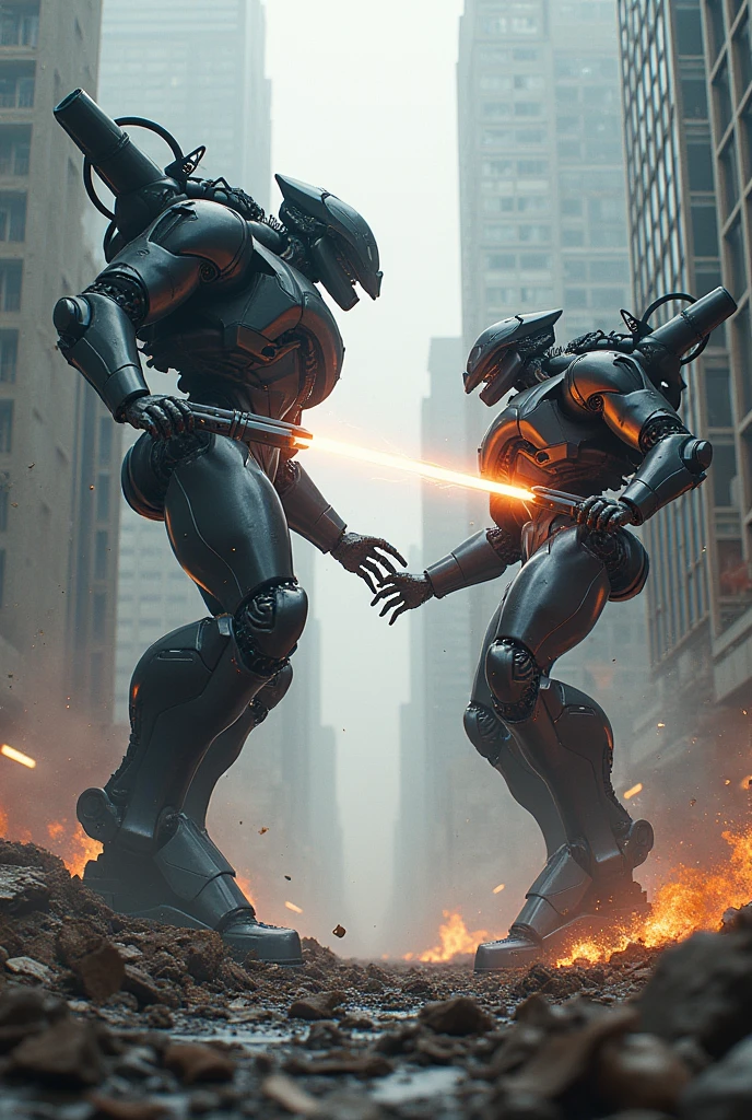 A cybernetic soldier fighting another humanoid soldier on a destroyed planet