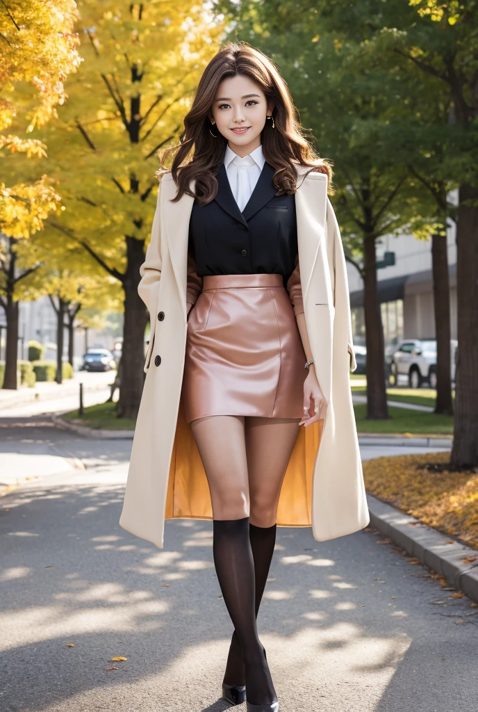  season is autumn yellow metasequoia tree-lined street, she is a 25 year old idol （ smiling brown hair wavy long hair big breasted slender  ） Dressed in elegant clothes  （, white long coat, pink silk collared blouse, black tight skirt, black stockings, black high heels, can see all the way to the toes ） Hi-Res,  turn your gaze , accurate,  high definition model,  high detail ,  Ultra High Definition,  anatomically correct, Cinematography, Super detailed,  portrait photo,#inoue nagi 