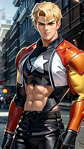 (  High-definition CG), (Best Quality),     a superhero and has a beautiful body,   hero costume , Handsome and cool young man   ,       Slim and Muscular      , My skin is brown  ,  blonde, Frivolous,   sensual vibe  ,You can hang mud on your body、The body gets dirty with mud