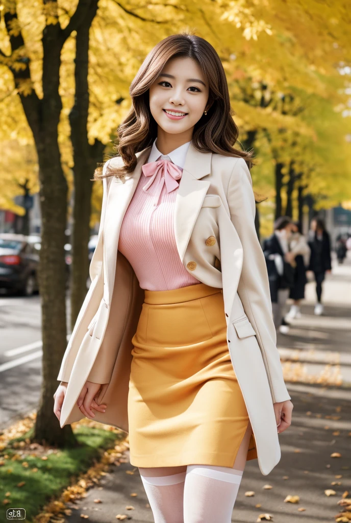  season is autumn yellow metasequoia tree-lined street, she is a 25 year old idol （ smiling brown hair wavy long hair big breasted slender  ） Dressed in elegant clothes  （, white long coat, pink silk collared blouse, black tight skirt, black stockings, black high heels, can see all the way to the toes ） Hi-Res,  turn your gaze , accurate,  high definition model,  high detail ,  Ultra High Definition,  anatomically correct, Cinematography, Super detailed,  portrait photo,#inoue nagi 