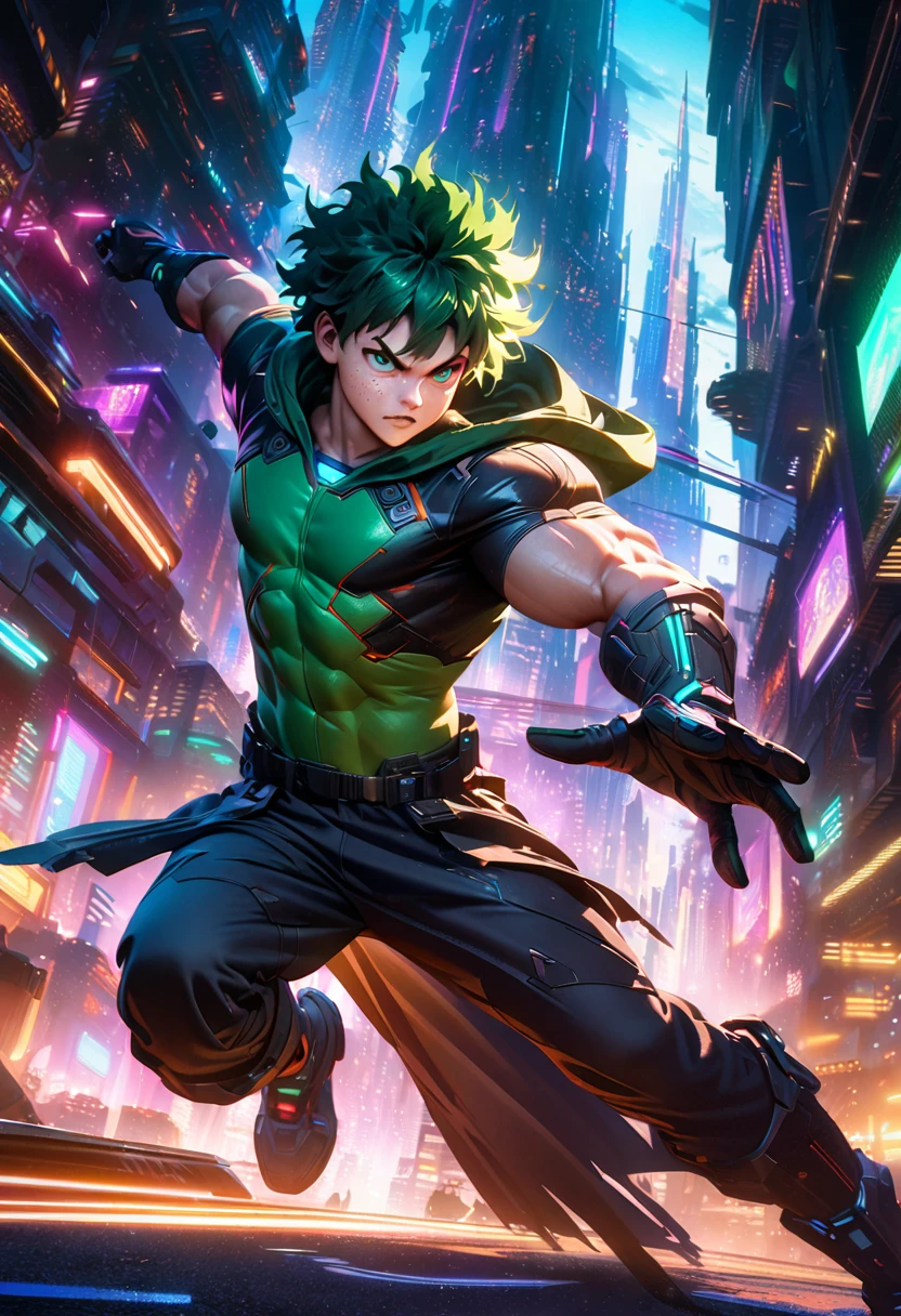 Izuku Midoriya, dark ARK Deku, 1 boy, green hair, freckles, green eyes, determined expression, hooded hero costume, futuristic full body, detailed facial features, muscular body, dynamic pose, action scene, cinematic lighting, vibrant colors , digital art, 8k, photorealistic, highly detailed and unrealistic engine, studio lighting, futiristic neon city, futuristic cyberpunk scenery