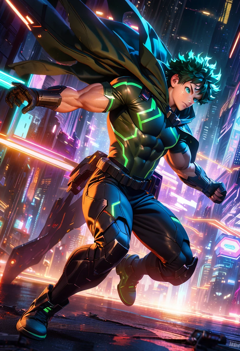 Izuku Midoriya, dark ARK Deku, 1 boy, green hair, freckles, green eyes, determined expression, hooded hero costume, futuristic full body, detailed facial features, muscular body, dynamic pose, action scene, cinematic lighting, vibrant colors , digital art, 8k, photorealistic, highly detailed and unrealistic engine, studio lighting, futiristic neon city, futuristic cyberpunk scenery