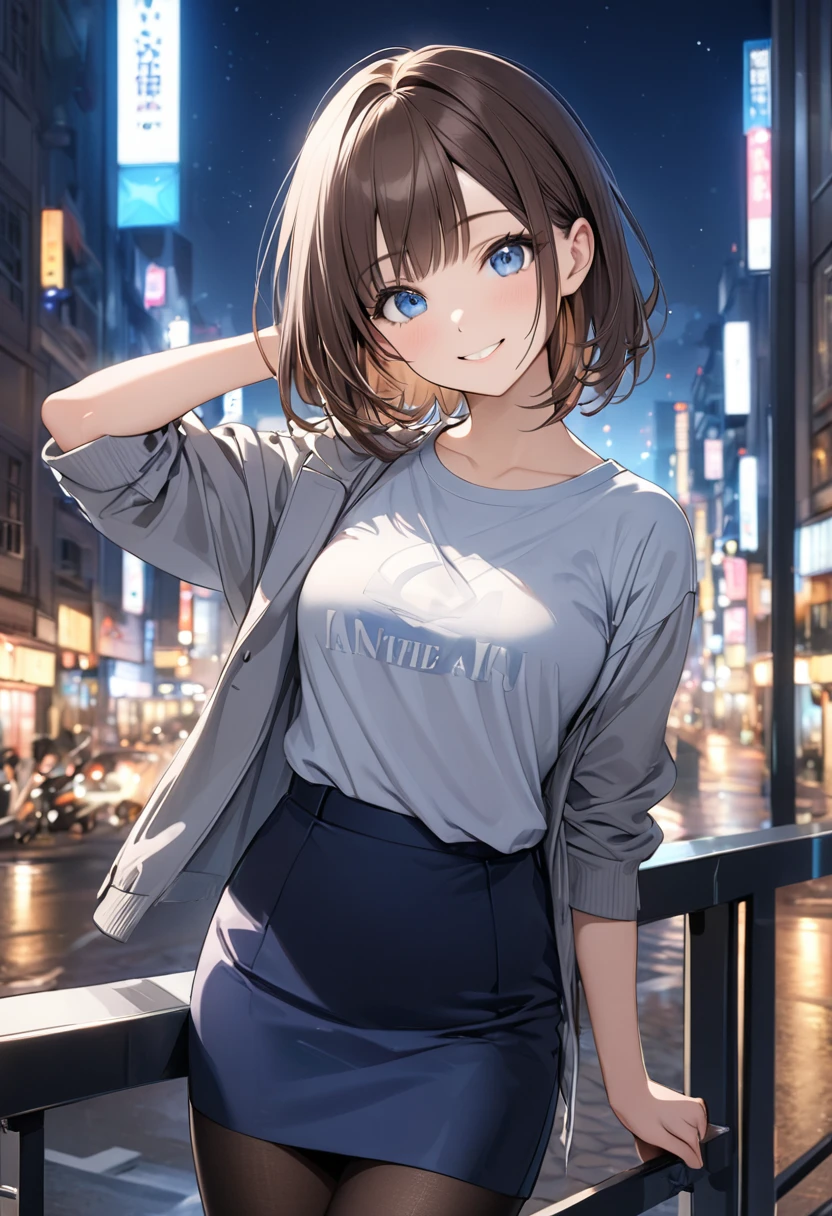  tilting your head , ​masterpiece、top-quality, Brown Hair, Medium Hair, bangs,  blue eyes, 18-year-old female, T-Shirts, (Wearing a grey jacket), (Navy Blue), ( pencil skirt),  black pantyhose、(smile:1.3)、  is standing、The background is a night city、Bold composition、 upper body、