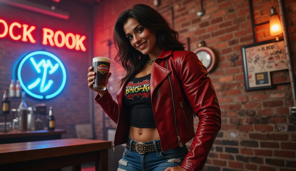 46-year-old Latina woman in a classic rock bar, with aged brick walls covered in graffiti and neon lights creating an electric atmosphere. She’s wearing a tight, shiny red leather jacket that highlights her muscular shoulders and sculpted torso. The jacket is open, revealing a black sleeveless shirt with a vintage rock band logo, which fits her athletic figure, showing off her toned abs and defined pectorals. Her tight, ripped denim jeans have metallic details on the seams and a studded belt that accentuates her waist. Her high-heeled black leather boots are bold, adding a sensual and rebellious touch. Her hair is dark, long, and wavy, with some loose strands falling over her face in a carefree manner. She’s standing in front of the stage, holding a beer in one hand and resting the other on her hip, looking at the camera with a bold, confident smile. The main shot is low-angle, capturing her imposing figure and defiant attitude, while the neon lights illuminate her face and highlight the details of her outfit. Another close-up shot shows her confident expression, with reflections from the bar lights in the background and the strength radiating from her pose and attitude.
