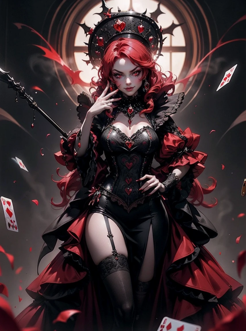 eerie and luxurious casino, pale alluring woman, vampire-like appearance, haunting beauty, short tangled red hair, Red Queen theme, elegant dress with heart symbols, adorned with bones and scythes, regal aura, sinister smile, glowing eyes, playing cards and poker chips background, dark atmosphere, horror vibe, ghostly presence, gothic elegance, inviting players to test luck and skill, back-turned pose, confident and chilling smile, vampire queen, ominous shadows, spectral glow.