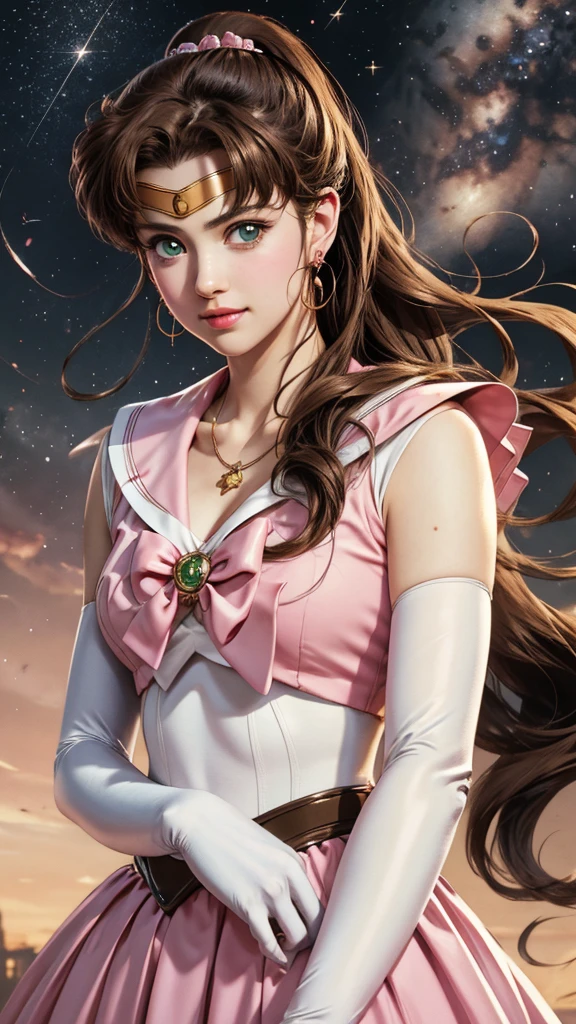 (solo, 1girl), (absurdres, highres, official wallpaper, poster), (masterpiece, best quality:1.2), (illustration, realistic), (perfect details, highest detailed, extreme detailed), dramatic light, AmiMizuno,makoto kino (sailor jupiter, neck ribbon,brown hair, long hair, circlet, jewelry, crescent earrings), (city, starry sky), (seductive smile, blush, standing)