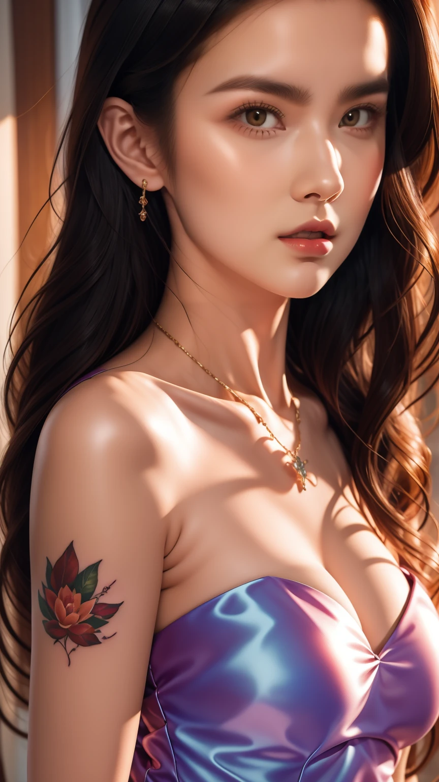 best quality, ultra high res, (photorealistic:1.4), masterpiece, 1girl, brown skin color, brown_eyes, from_behind, fur_trim, hair_over_one_eye, lips, long_hair, make up, looking_at_viewer, looking_back, nose, photo_\(medium\), photorealistic, realistic, solo, teeth, upper_body,masterpiece, best quality, high quality, High definition, High quality texture, High quality shadow, high detail, realistic, Cinematic Light, sidelighting, Lens Flare, Ray tracing, sharp focus,Naked Summer, Full Tattoo, (Masterpiece, Top Quality, Best Quality, Official Art, Beautiful and aesthetic: 1.2), (1 flower), full body, Extremely Detailed, (Fractal Art: 1.3), Colorful, More Detailed , "Best Quality", "Masterpiece, Sakimichan-style art, slight smile, legs open, pubic hair view, 1 sexy girl in transparent forest clothing, exposed breasts, open transparent T-shirt, Mandala and flower tattoos, Best Quality ,black hair fused with platinum and gold, naked girl, visible beautiful pubic area, pink pesons, small breasts in sight, water pond in the garden, mandala and flower tattoos on the naked body, old floating clock, lamp, lantern , skin wet with water, bed floating in pond, beautiful girl lying on bed, fantasy, view from above, open legs