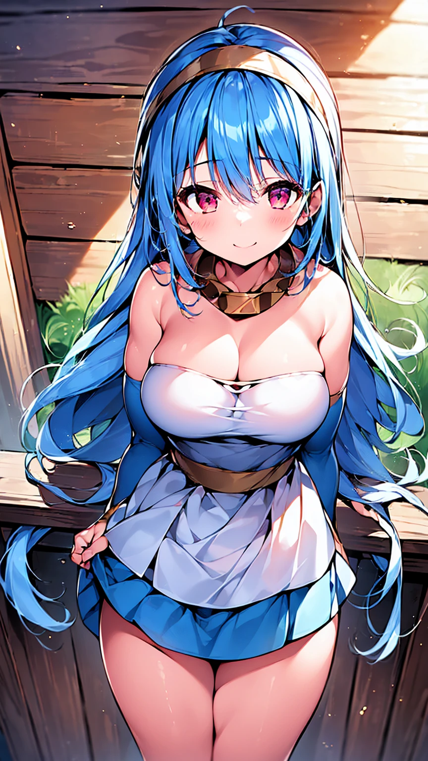 ( best quality, 8k, 32K, masterpiece,  super high definition:1.2), young energetic girl, Petite body, blue hair long hair, dq3 sage,  white skin,  elementary school students, happy, happy smile, sexual temptation,  huge breasts, Thick legs, Wide legged, Puff puff