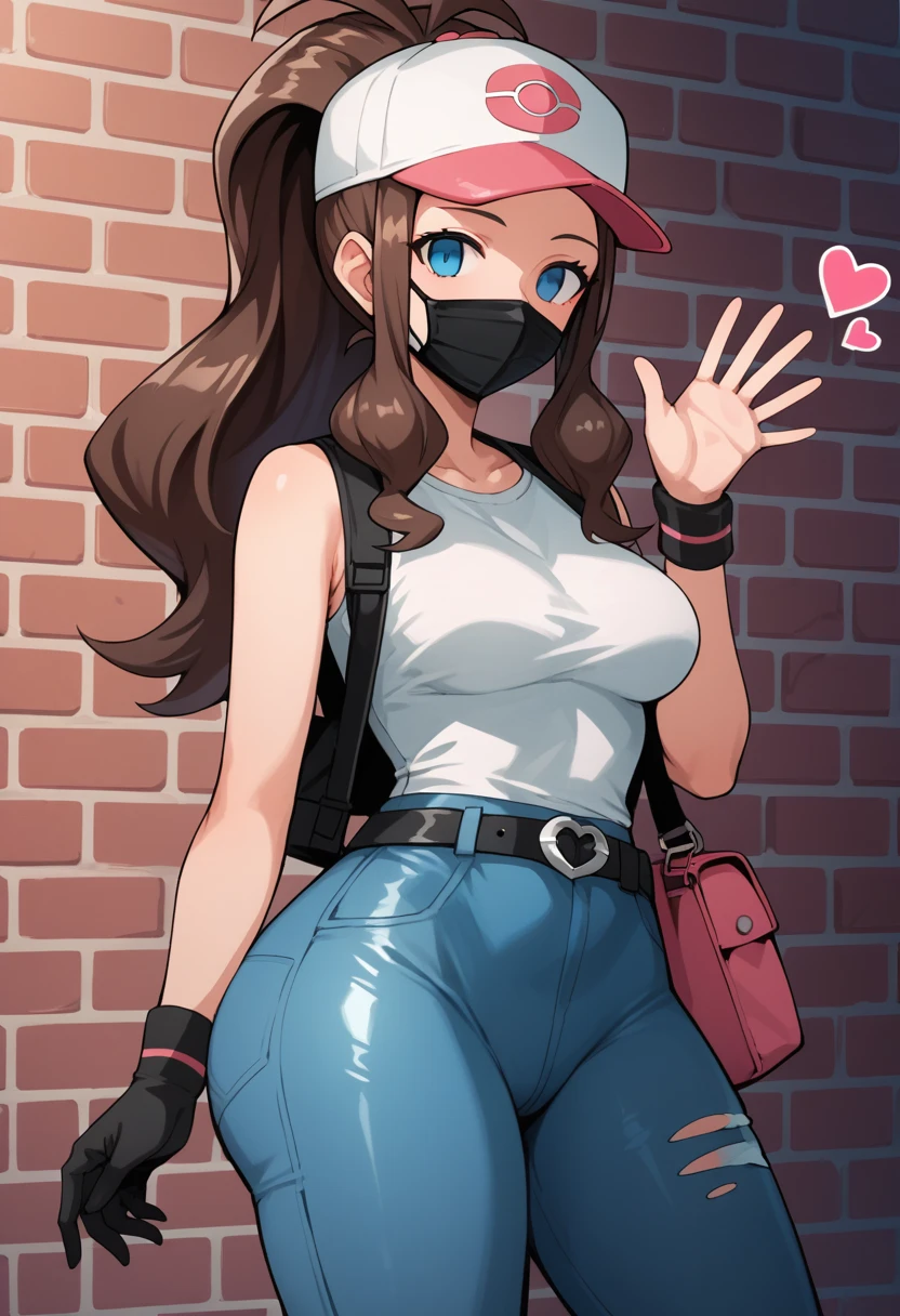 score_9, score_8_up, score_7_up, score_6_up, source_anime, 1girl, solo, ((pmpgrunt)),pokemonhilda, blue eyes, brown hair, long hair, ponytail, black beret, black mouth mask, grey bodysuit, black belt, black gloves, medium breasts, looking at viewer, (waving hand), ((empty eyes)), mind control, happy trance, heart, hearts,huge ass, legs,cowboy shot,brick wall