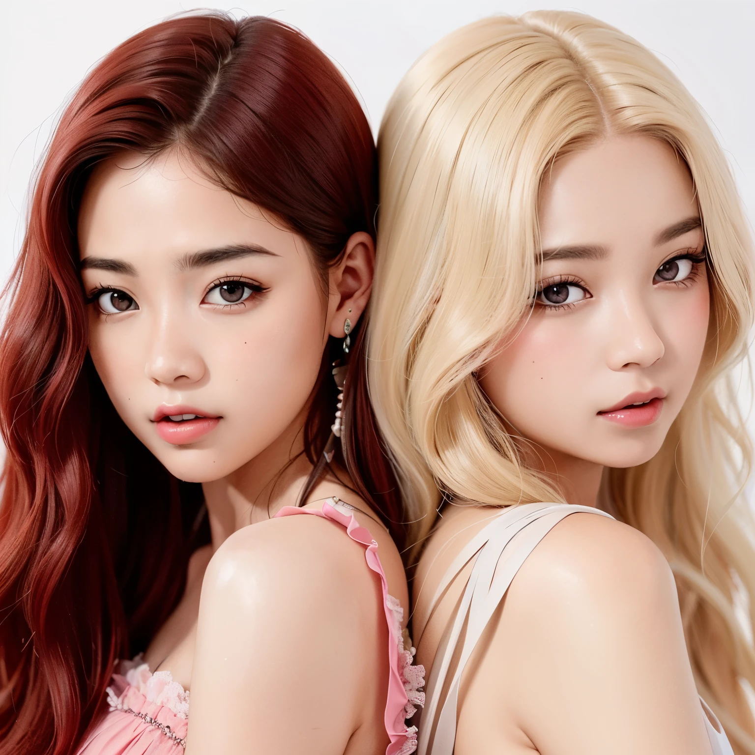 Two young women with long hair and pink dresses posing for a photo., maquillaje popular de Corea del Sur, rosa negro, maquillaje coreano popular, portrait of jossi of rosa negro, ulzzang, pale red, terciopelo rojo, rosa negro jennie, LUTS, Ilustraciones oficiales, album art, dos veces, lentes de contacto rojas, Cabello de dos colores, gemelos, hair coloring, Jinyoung Shin