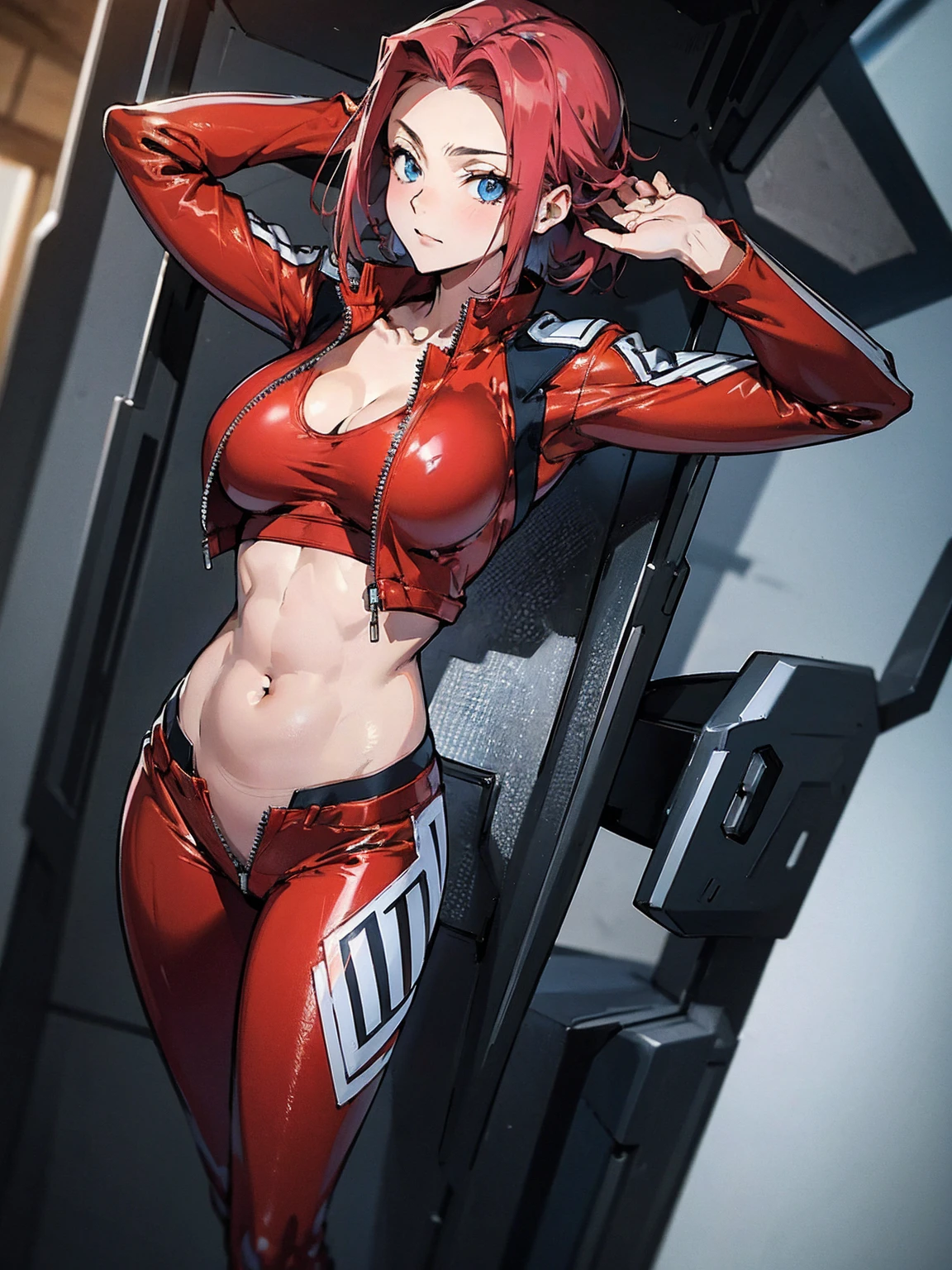  Karen Kouzki、masterpiece,Best Quality、 Ultra HD、Exquisite depiction、Detailed texture expression、 best quality, masterpiece,  Hi-Res, 、, belly button,  clevis,  is standing, clavicle, (Open red pilot suit clothes), full body, ,  abdomen, Blue Eyes, ,  Sports Bra , , , (Great hands), woman  is standing in tokyo at midnight,Pull down the pilot suit zipper
