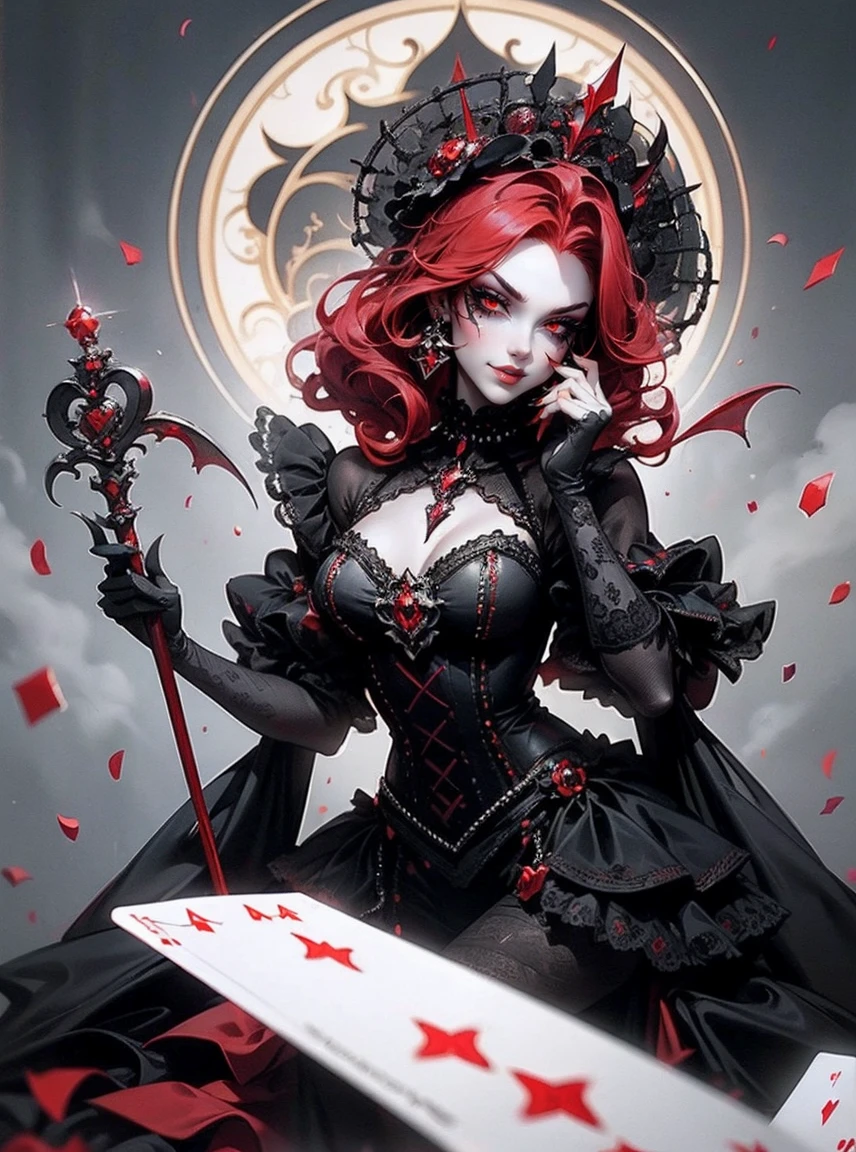 eerie and luxurious casino, pale alluring young woman, vampire-like appearance, haunting beauty, short tangled red hair, Red Queen theme, elegant dress with heart symbols, adorned with bones and scythes, regal yet youthful aura, blood-stained makeup, delicate yet sinister smile, glowing eyes, playing cards and poker chips background, dark atmosphere, horror vibe, ghostly presence, gothic elegance, inviting players to test luck and skill, back-turned pose, confident and chilling smile, vampire queen, ominous shadows, spectral glow, youthful yet deadly.