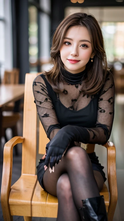 brown hair, low twin drills, cute face, she wears a turtleneck and a skirt., black pantyhose, sitting on a chair, crossed legs, Wearing black lace gloves, wearing boots, adult German woman, full body portrait, indoor, bokeh, film grain, UHD, masterpiece, anatomically correct, high details, high quality, highres