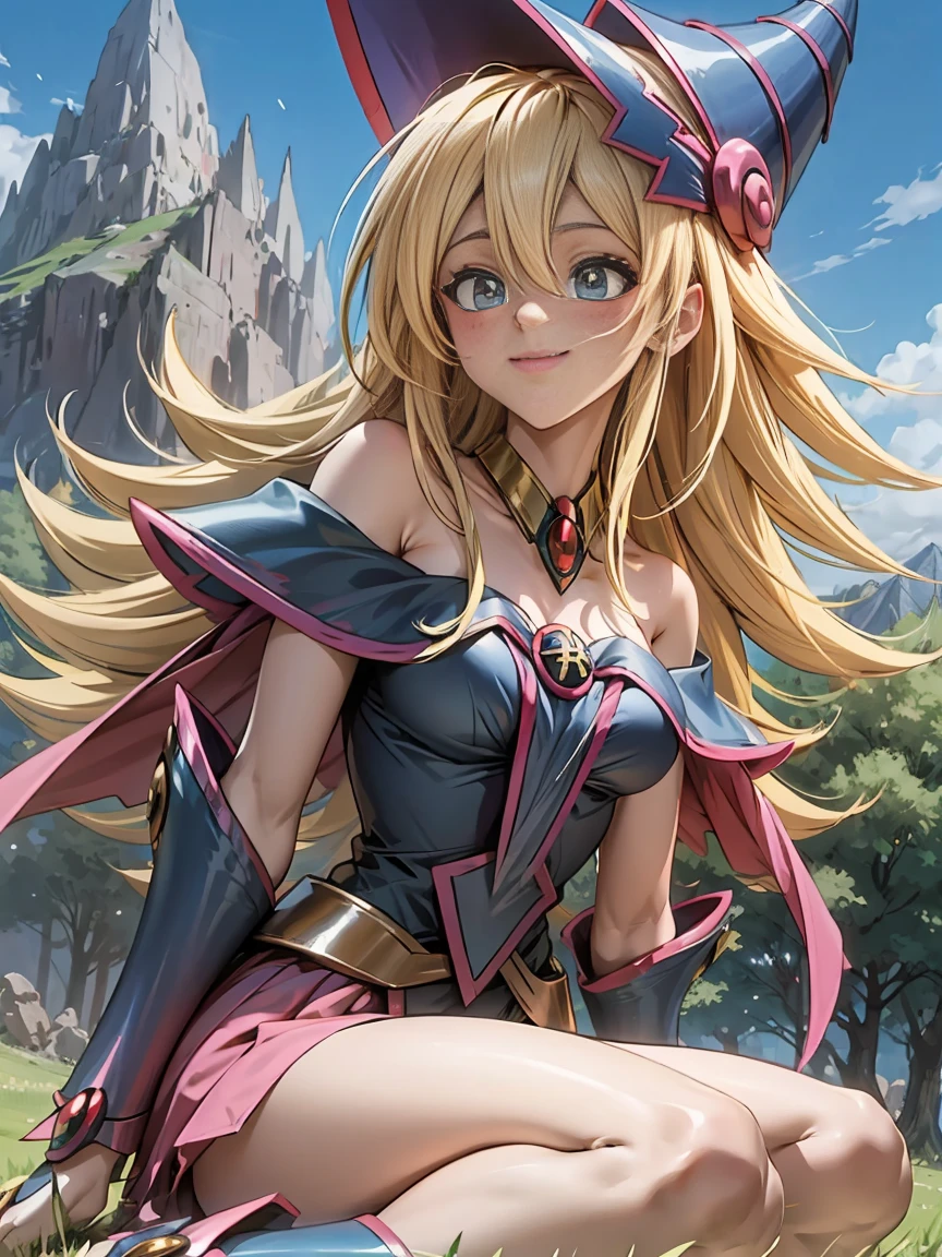 Ereshkigal in the fate series sitting on the grass under a tree looking at the sky looking at the mythical flying creatures in the fields with a beautiful mountainous landscape behind her from a distant view. Sonrientes. Coqueta. Feliz. Hot.