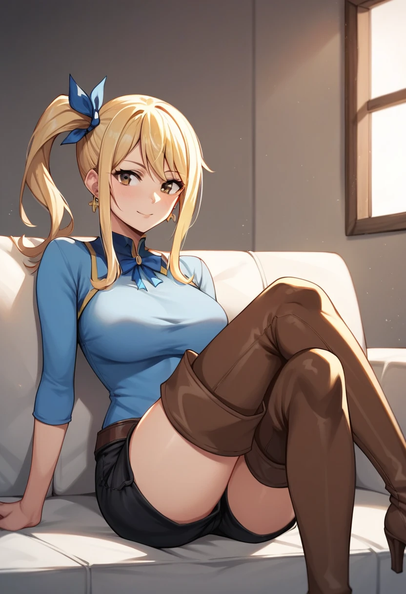 score_9, score_8_up, score_7_up, score_6_up, score_5_up, score_4_up, source_anime, 1girl,lucy heartfilia, blonde hair, long hair, side ponytail, blue ribbon, brown eyes, middle breasts, earrings, thigh boots, brown boots, long heels, blue shirt, black shorts, crossed legs, sit, sofa, room, best quality, best res, 4K UHD,
 