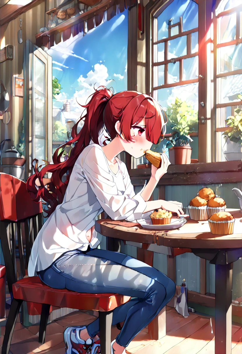 1girl,(profile, From afar:1.5),(chair에 앉아 있는, Eating food:1.5),(tight jeans, White shirt, eating house, muffin, chair, table, pot,  cozy atmosphere , window, sunlight,  blue sky, Beautiful shade, Lively:1.5), (morning, Sunshine:1.5), (Beautiful shade:1.5), ,(A well-made chest:1.5), (Dark red eyes :1.5), (hair over one eye, rustling and messy hair, A full ponytail, Dark red hair, Long hair with strong curls,  left eye covered by hair, Ponytail that falls below the waist:1.5), (sneakers, flushing:1.5), ( shy expression, flushing:1.5), (Aegyo belly fat:1.5), (Very thin legs and hips , Skinny thighs,  Slender waist  :1.3)