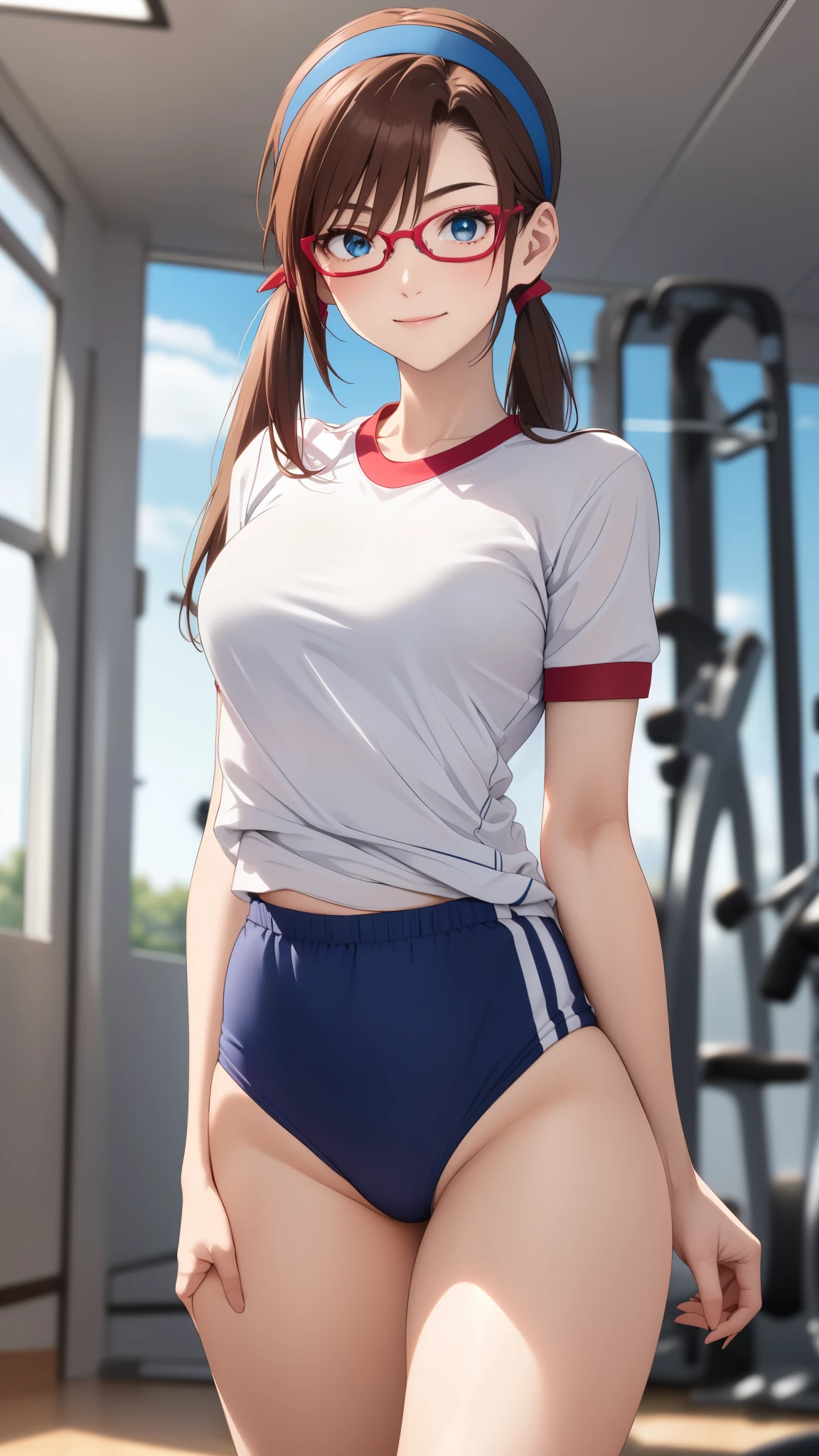 perfect anatomy, super detailed skin, (mari makinami, long hair, brown hair, low twintails, red-framed eyewear, hairband, blue hairband, blue eyes, parted bangs, neon__evangelion:1.2), masterpiece、Best Quality、masterpiece,  Hi-Res, 8K quality,  perfect face, 1 girl, beautiful face, beautiful detailed eyes, Alone,  cute face、confident smile, Glossy lips, red cheek, medium breasts,  Tight waist 、 slender, (gym uniform, buruma, white shirt, short sleeves, thighs:1.3), blue buruma, Model Pose, cowboy shot,  in the school classroom、