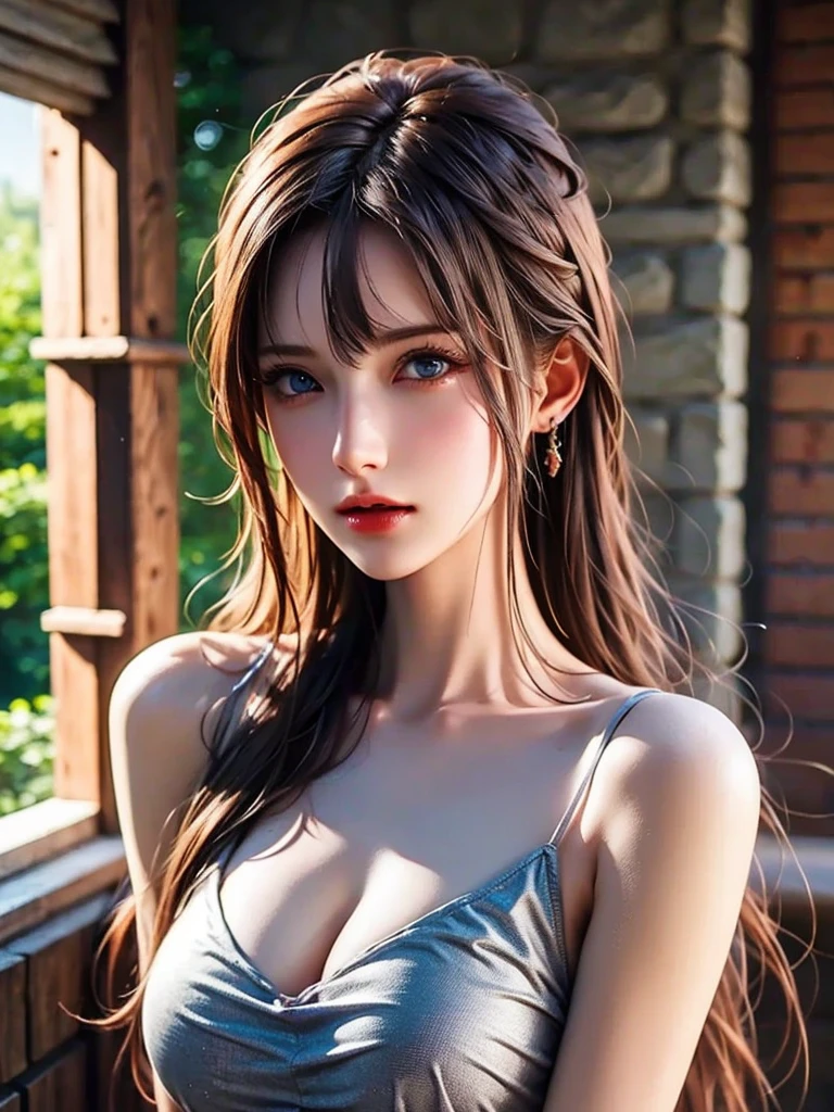  PORTRAIT, Realistic,  elegant mature women ,  blue eyes,  shiny dark hair ,   camisole, bedroom、Beautiful breasts, 4K resolution,  High Quality CG, Beautiful CG, Soft light