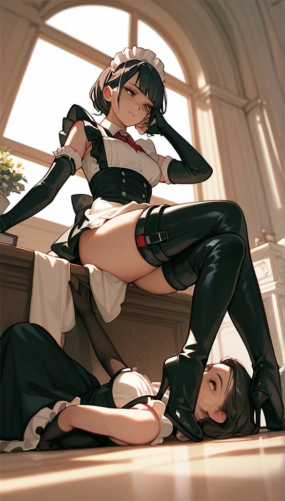 Anime Women, Maid, thigh boots, elbow gloves, raised leg, Stomping of feet on face, step on face, looking down, throw