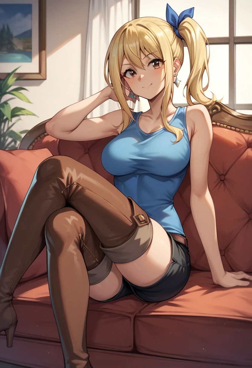 score_9, score_8_up, score_7_up, score_6_up, score_5_up, score_4_up, source_anime, 1girl,lucy heartfilia, blonde hair, long hair, side ponytail, blue ribbon, brown eyes, middle breasts, earrings, thigh boots, brown boots, long heels, blue shirt, black shorts, crossed legs, sit, sofa, room, best quality, best res, 4K UHD,
 